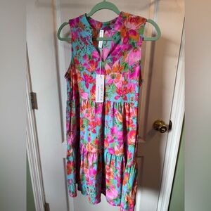 Floral Sleeveless Dress in Pink and Blue